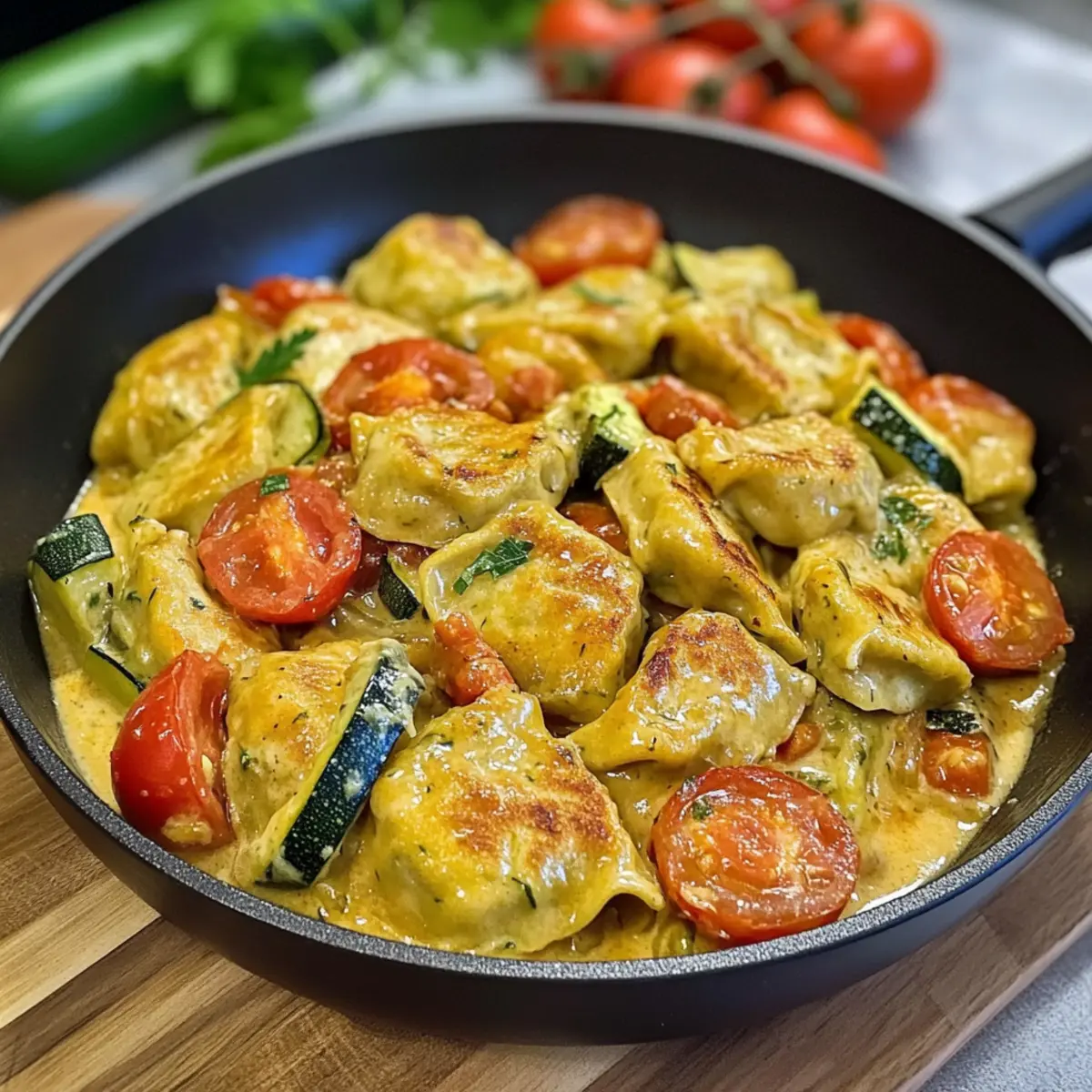 Maultaschenpfanne mit Zucchini und Tomaten