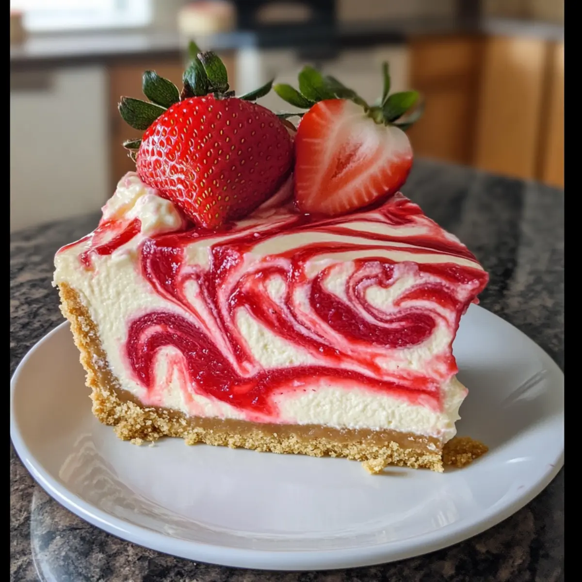 Erdbeerwirbel-Käsekuchen Rezept Zutaten: - 200g Kekse - 100g Butter - 600g Frischkäse - 150g Zucker - 3 Eier - 200ml Sahne - 300g Erdbeeren - 2EL Zucker - 1TL Vanilleextrakt Zubereitung: 1. Die Kekse zerkrümeln und mit der geschmolzenen Butter vermischen. In eine Springform drücken und kühlstellen. 2. Frischkäse und Zucker in einer Schüssel cremig rühren. Eier nacheinander hinzufügen und gut vermischen. 3. Die Sahne unterheben. 4. Die Mischung auf den Keksboden gießen. 5. Erdbeeren pürieren und mit Zucker und Vanilleextrakt vermischen. 6. Erdbeerpüree über den Käsekuchen gießen und mit einem Zahnstocher marmorieren. 7. Bei 160°C ca. 60 Minuten backen. 8. Abkühlen lassen und im Kühlschrank kalt stellen. 9. Vor dem Servieren mit frischen Erdbeeren dekorieren.