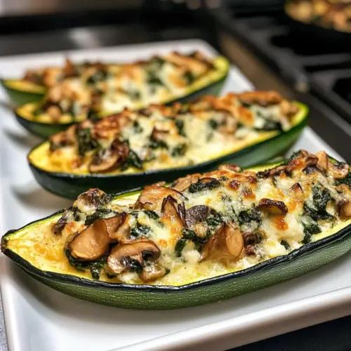 Spinat, Pilz und Ricotta gefüllte Zucchini-Boote