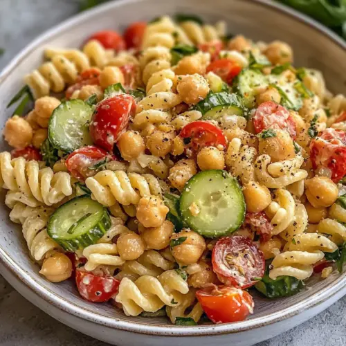Kichererbsennudelsalat mit cremigem Tahini-Dressing