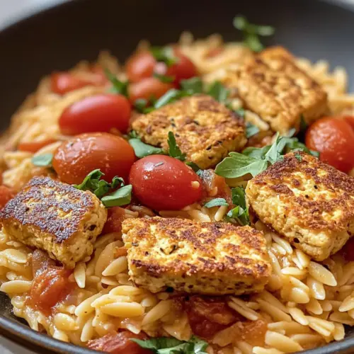 Cremige Tomaten-Orzo mit knusprigen Tofu-Cutlets
