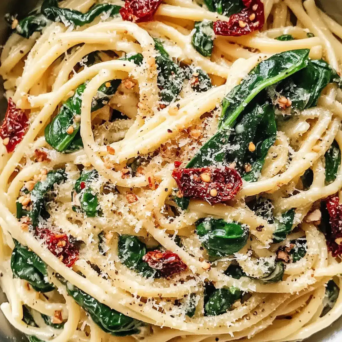 Würzige Spinat- und getrocknete Tomaten-Pasta