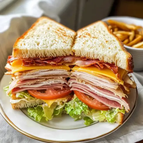 Club-Sandwich-Rezept Zutaten: - Toastbrot - Hähnchenbrust - Speck - Lettuce - Tomaten - Mayonnaise - Senf - Salz - Pfeffer Anleitung: 1. Toastbrot rösten. 2. Hähnchenbrust kochen und in Scheiben schneiden. 3. Speck knusprig braten. 4. Tomaten schneiden. 5. Auf einer Scheibe Toastbrot Mayonnaise und Senf verteilen. 6. Hähnchenbrustscheiben, Speck, Lettuce und Tomaten darauflegen. 7. Eine weitere Scheibe Toastbrot darauflegen und wiederholen. 8. Mit der letzten Scheibe Toastbrot abschließen. 9. In Viertel schneiden und servieren.