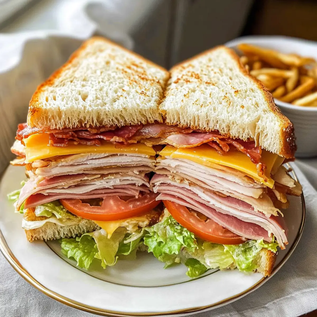 Club-Sandwich-Rezept Zutaten: - Toastbrot - Hähnchenbrust - Speck - Lettuce - Tomaten - Mayonnaise - Senf - Salz - Pfeffer Anleitung: 1. Toastbrot rösten. 2. Hähnchenbrust kochen und in Scheiben schneiden. 3. Speck knusprig braten. 4. Tomaten schneiden. 5. Auf einer Scheibe Toastbrot Mayonnaise und Senf verteilen. 6. Hähnchenbrustscheiben, Speck, Lettuce und Tomaten darauflegen. 7. Eine weitere Scheibe Toastbrot darauflegen und wiederholen. 8. Mit der letzten Scheibe Toastbrot abschließen. 9. In Viertel schneiden und servieren.