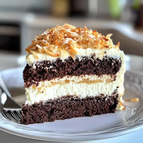 Feuchter Schicht-Kokos-Schokoladenkuchen Genuss