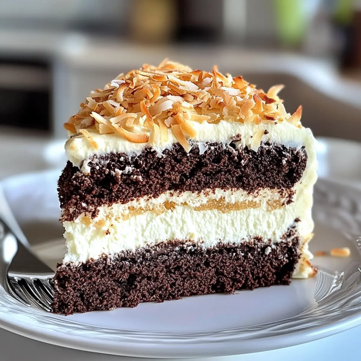 Feuchter Schicht-Kokos-Schokoladenkuchen Genuss