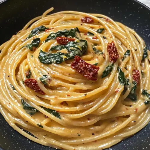 Spaghetti und Spinat mit sonnengetrockneter Tomatencremesauce