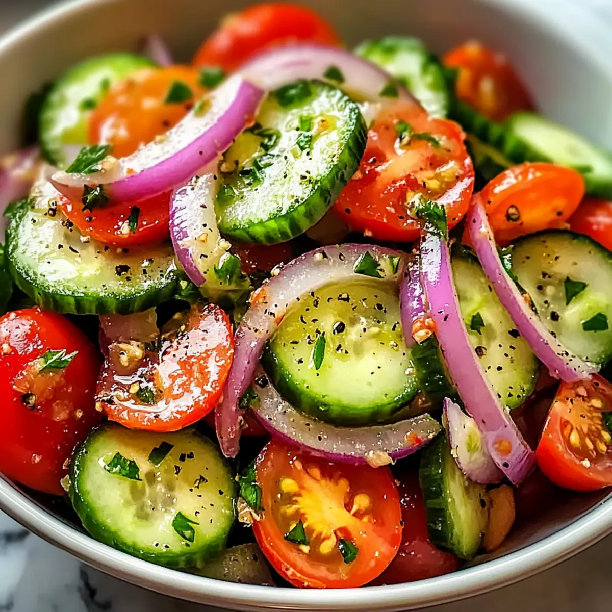 Marinierter Gurken-, Zwiebel- und Tomatensalat
